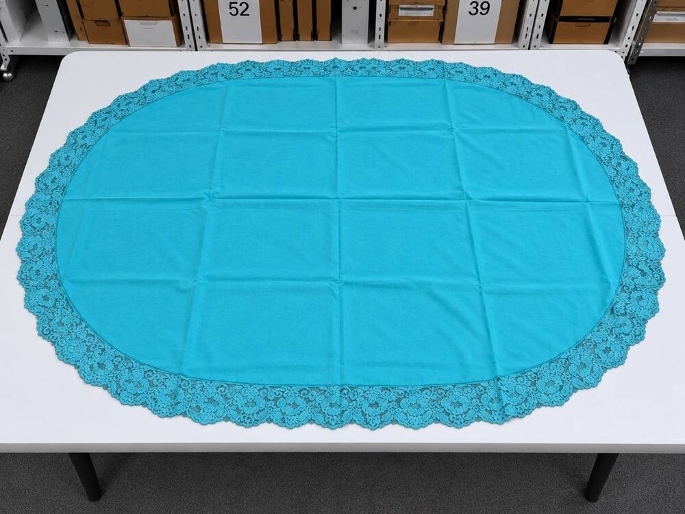 Vintage Turquoise Oval Tablecloth 66x47 in Lace Trim Scalloped Table Linen
